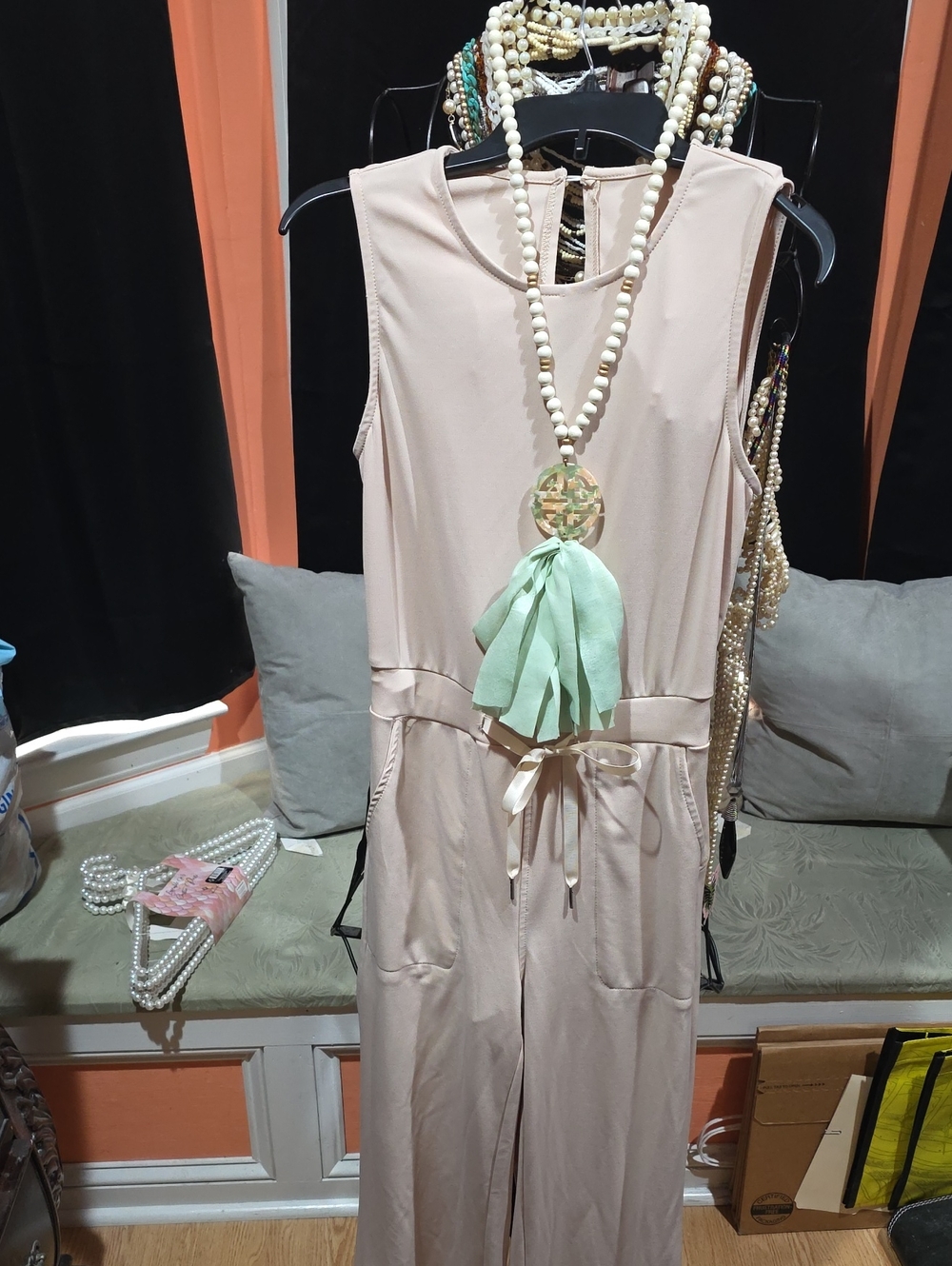 Sleeveless Tie-Waist Tan Jumpsuit With Pockets